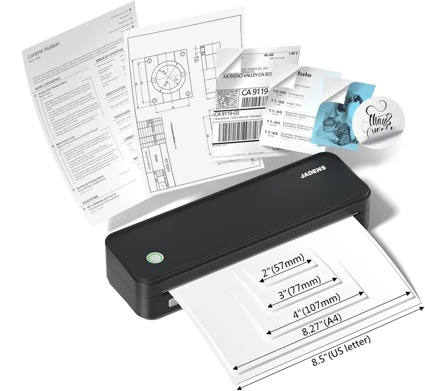 Portable Printer Black, Support Letter Size Paper, Label size paper, shipping label, and sticker.