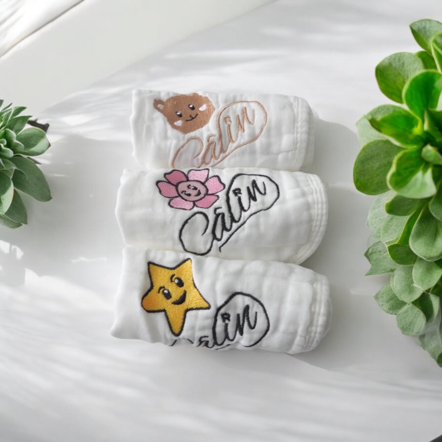 Set of 3 – 6-Layer Embroidered Muslin Washcloths